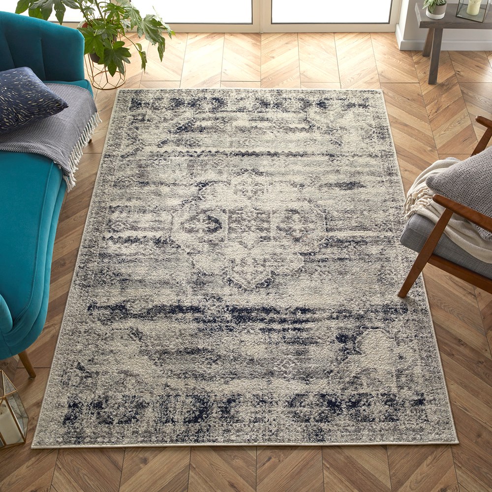 Gilbert 2061 N Traditional Distressed Rugs in Blue Grey Cream